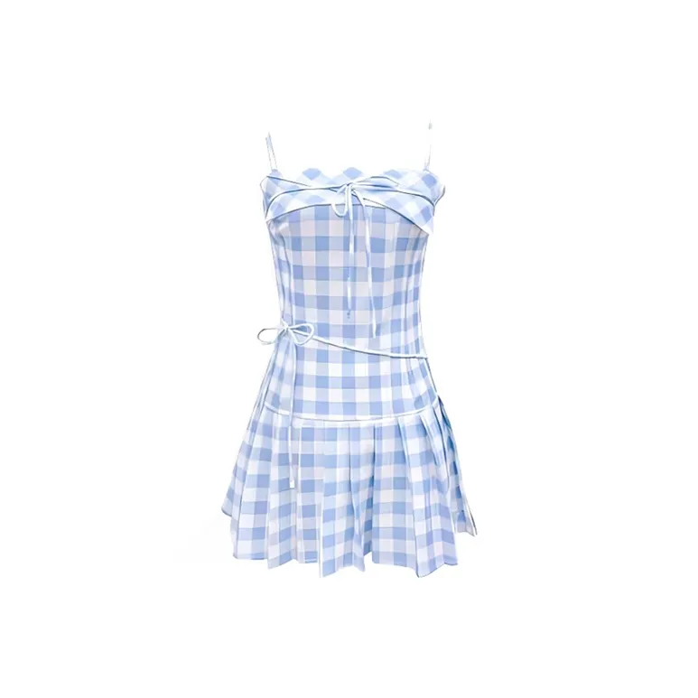 SISC Slip Dresses Women's Blue White Plaid-0