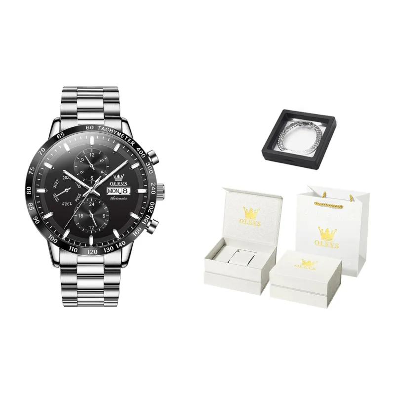 OLEVS Texture Multifunction Mechanical Movement Stainless Steel Watchband Watch Men's Watches Black Dial-1