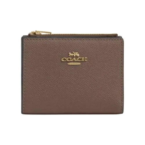 COACH Bifold Cross Grain Leather Wallet Mini Unisex Gold & Gold Stone Color