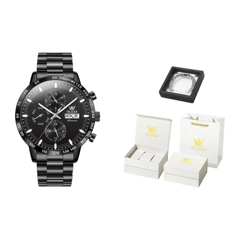 OLEVS Texture Multifunction Mechanical Movement Stainless Steel Watchband Watch Men's Watches Black Dial-2