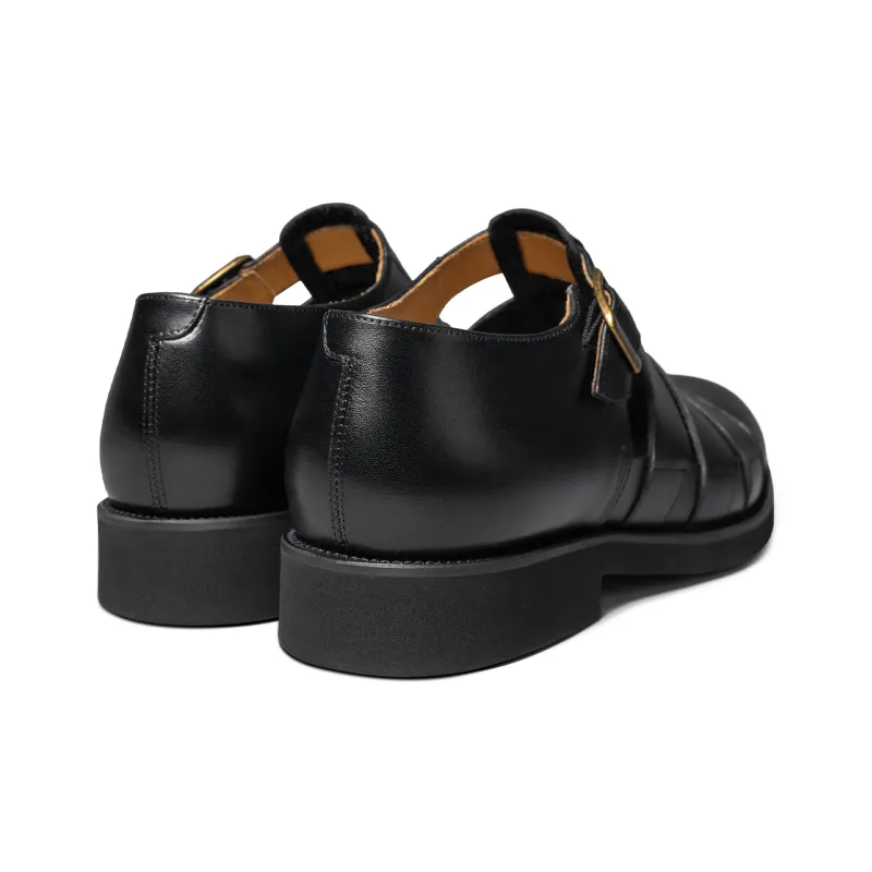 THOM WILLS Fashion Versatile Calfskin Cut Out Buckles Shoes Roman Sandals Men's Black-3