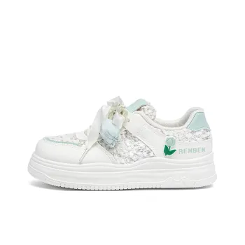 RENBEN Cushioning Abrasion Resistant Lightweight Low Top Skateboard Shoes Women's White Green