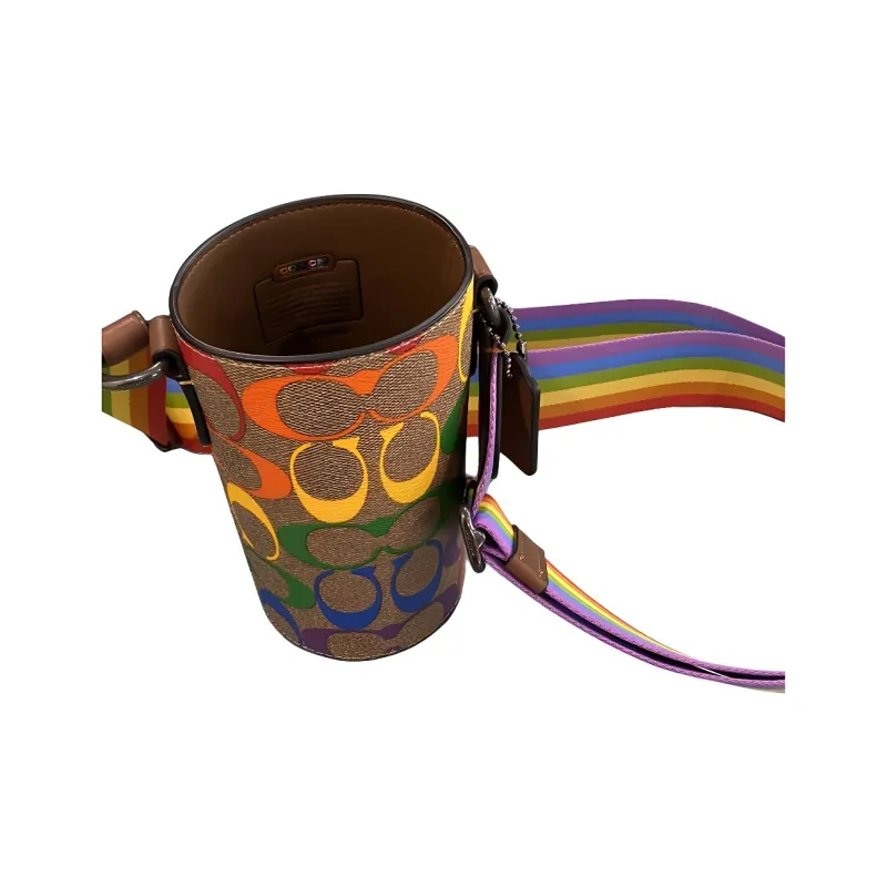COACH Calfskin Water Bottle Shoulder Bag, Crossbody Bag Mini Women's Brown With Rainbow-2