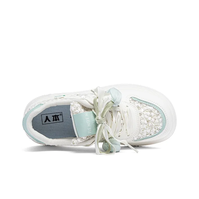 RENBEN Cushioning Abrasion Resistant Lightweight Low Top Skateboard Shoes Women's White Green-2