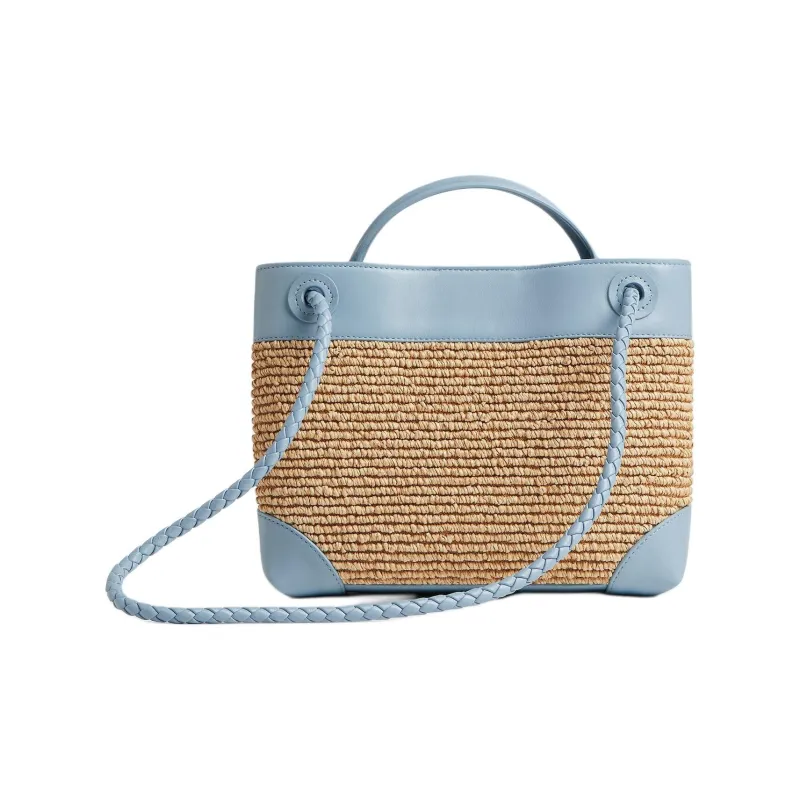 Bottega Veneta Andiamo Series Straw Woven Handbag Trumpets Women's Ice & Natural-2