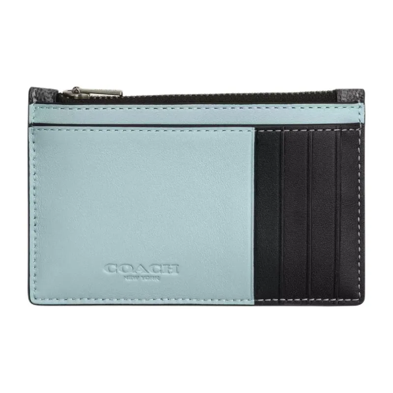 COACH Card Case Coated Canvas With Calfskin Card Holder Mini Men's Charcoal & Light Blue-1