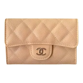 CHANEL Classic Flap CF Litchi Grain Cow Leather Coin Purse, Wallet, Card Holder Women's Beige