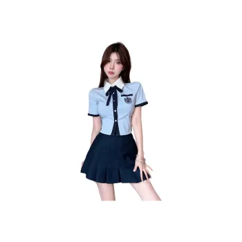 DGMZ Uniforms Women's Blue Top And Blue Skirt Bow Tie Clothing Sets