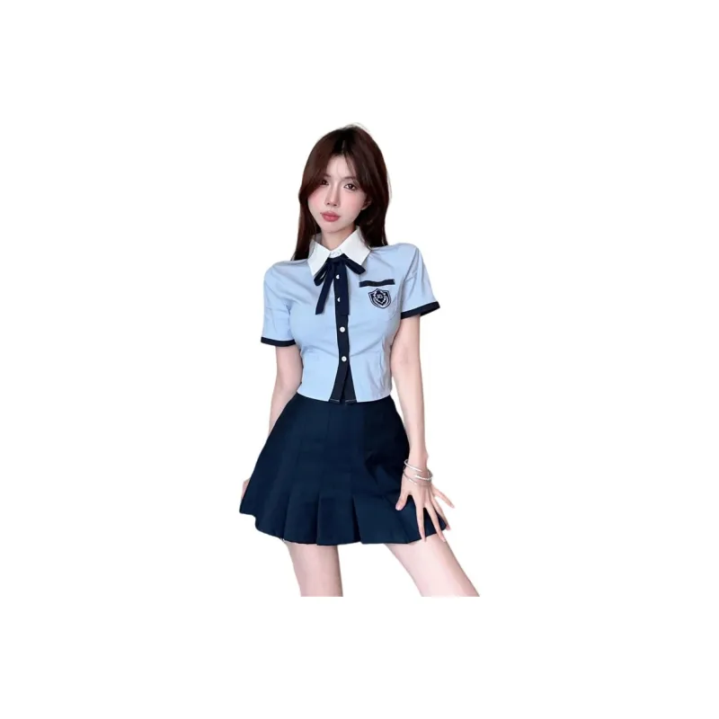 DGMZ Uniforms Women's Blue Top+Blue Skirt Bow Tie Clothing Sets-0