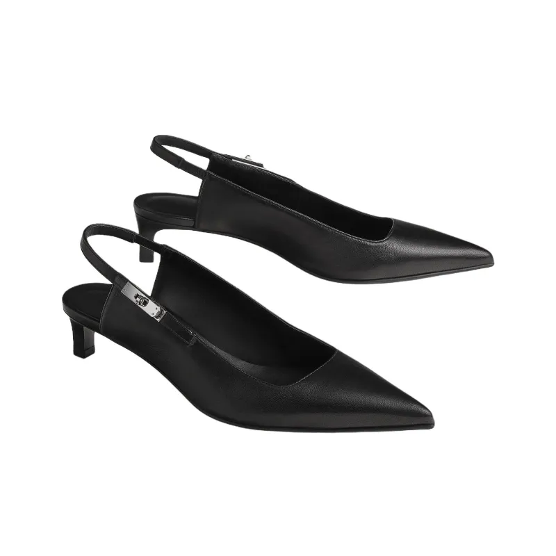 HERMES Lover Slim Heel High Heels 4cm Women's Black-2