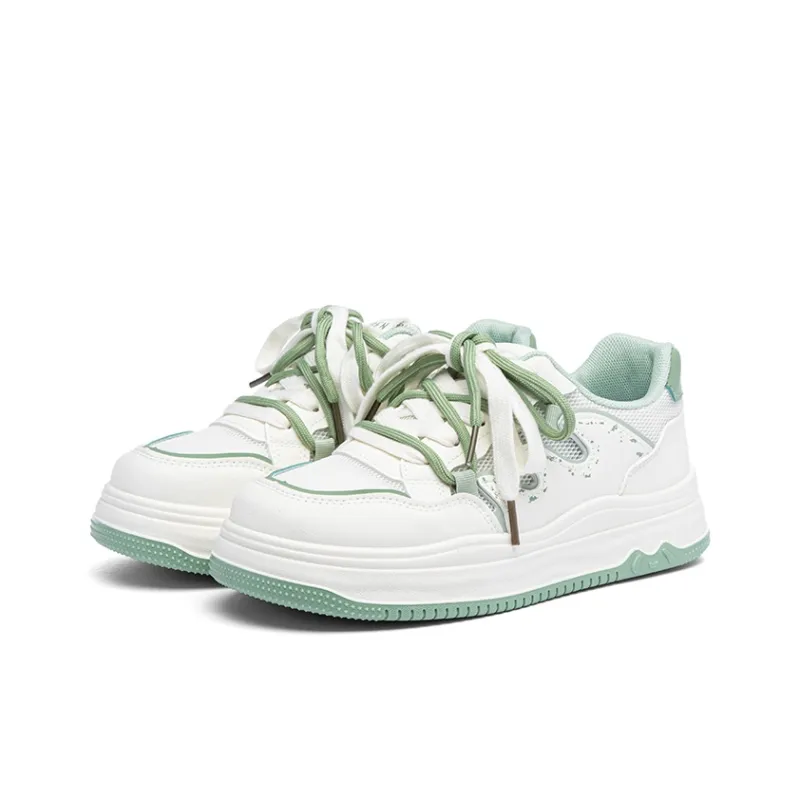 RENBEN Cushioning Abrasion Resistant Breathable Low Top Skateboard Shoes Women's White Green-1