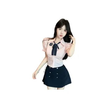 DGMZ Uniforms Women's Pink Top Blue Skirt Bow Tie Clothing Sets
