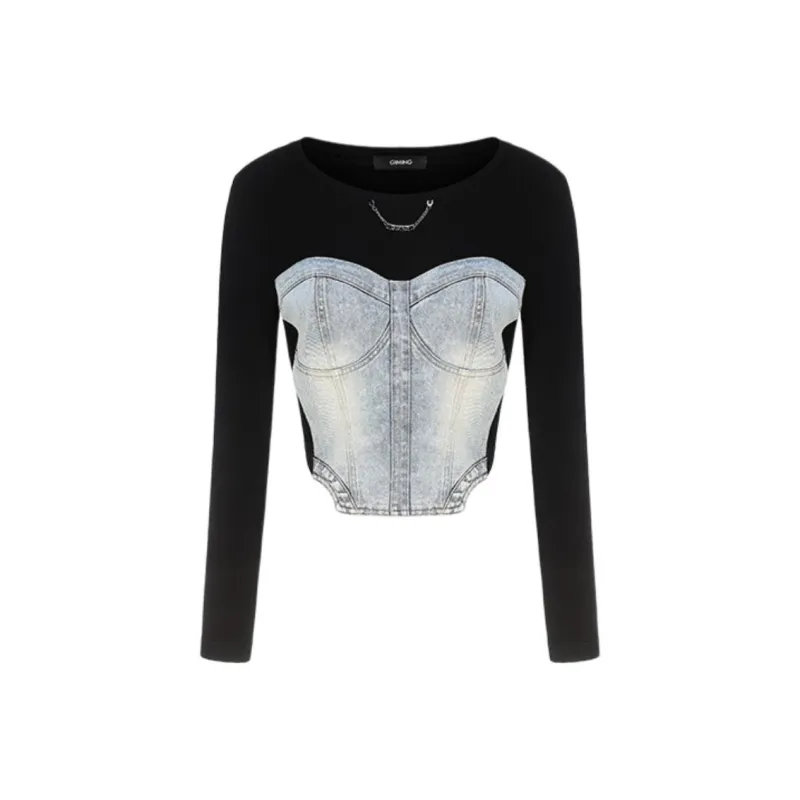 GIMING Crop Tops Women's Blue+Black-0