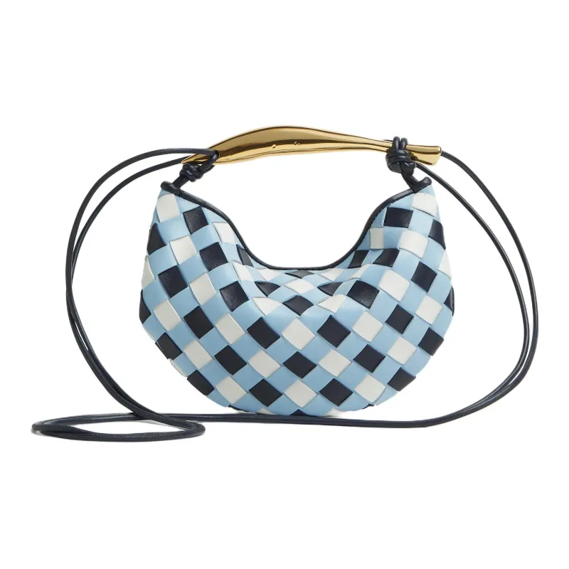 Bottega Veneta Lambskin Shoulder Bag, Crossbody Bag, Handbag Women's Blue & White-2