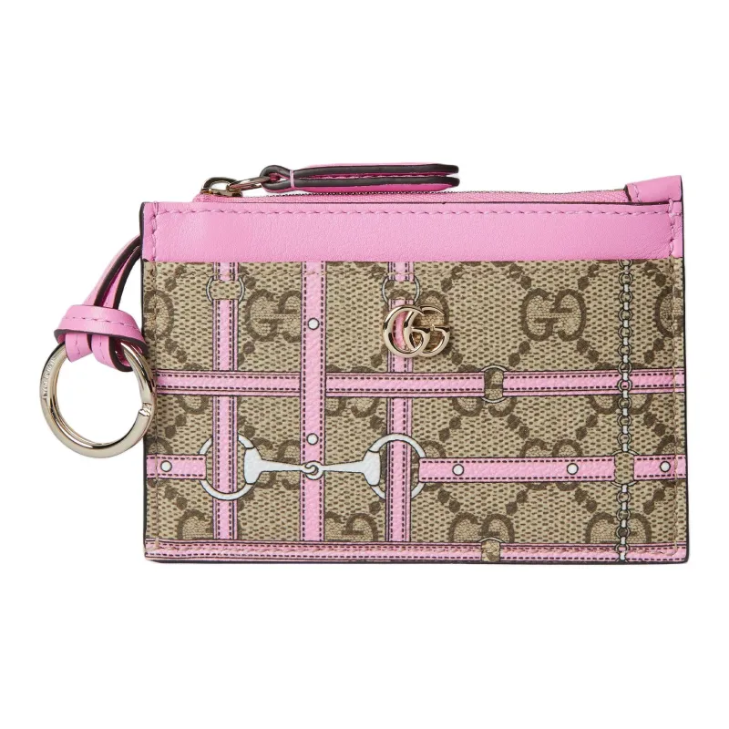 GUCCI GG Monogram Coated Fabric With Leather Key Pouch Card Holder Women's Pink Color Block-1