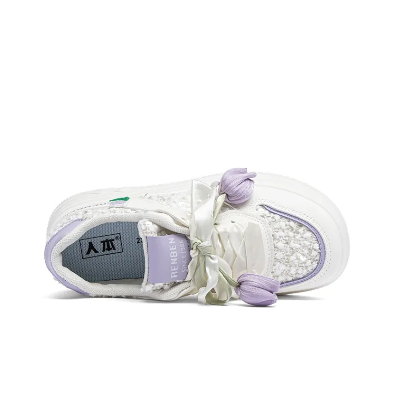 RENBEN Cushioning Abrasion Resistant Support Low Top Skateboard Shoes Women's White Purple-2