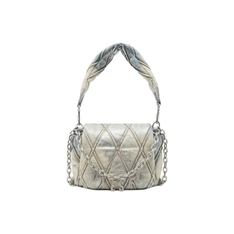 DIESEL Cotton Shoulder Bag Trumpets Women's Silver & Blue-0