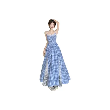 GUOZHEN Slip Dresses Women's Blue Plaid