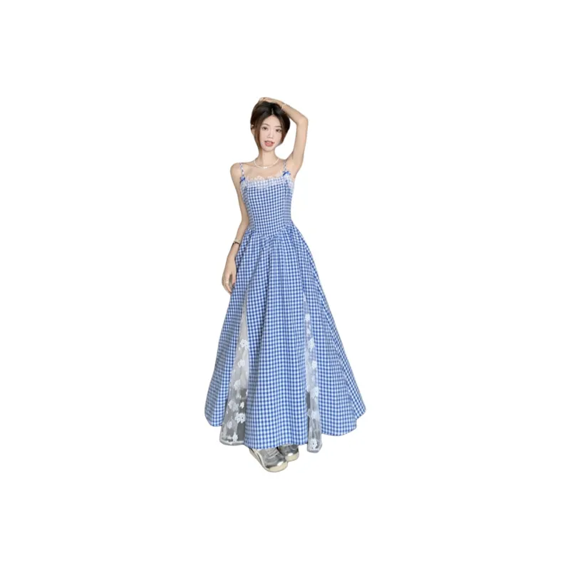 GUOZHEN Slip Dresses Women's Blue Plaid-0