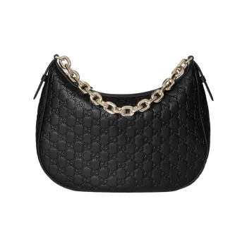 GUCCI GG Emblem Leather Handbag, Shoulder Bag Tubas Women's Black
