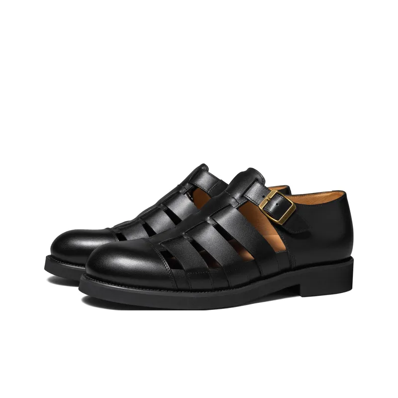 THOM WILLS Fashion Versatile Calfskin Cut Out Buckles Shoes Roman Sandals Men's Black-1