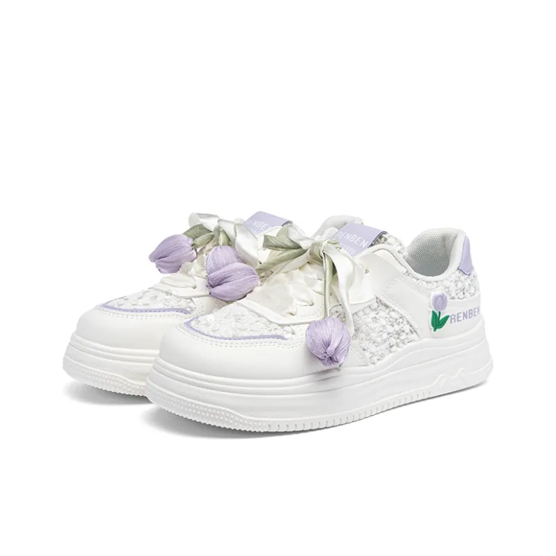 RENBEN Cushioning Abrasion Resistant Support Low Top Skateboard Shoes Women's White Purple-1
