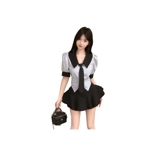 DGMZ Uniforms Women's Blue Top And Black Skirt Tie Clothing Sets