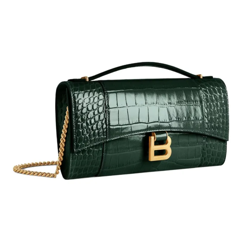 Balenciaga Hourglass Crocodile Pattern Embossed Calfskin One Shoulder Handbag Women's Forest Green-2