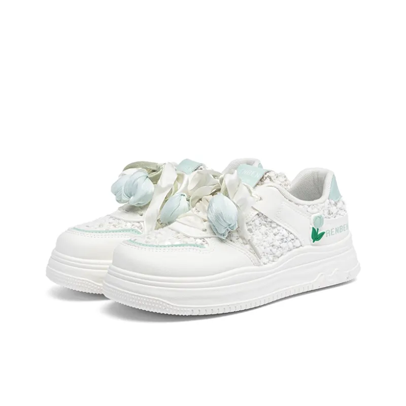 RENBEN Cushioning Abrasion Resistant Lightweight Low Top Skateboard Shoes Women's White Green-1