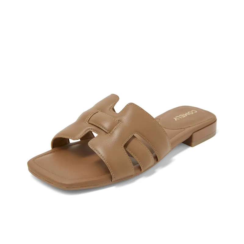 COMELY Slide Slippers Women's Mocha Mousse Brown, Elegant White-1