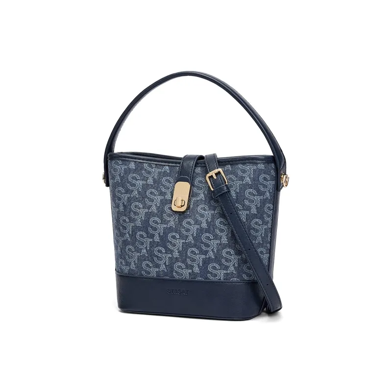 ST&SAT Fabric, Synthetic Leather Shoulder Bag, Crossbody Bag, Portable Small Bag Women's Denim Blue/light Blue-1