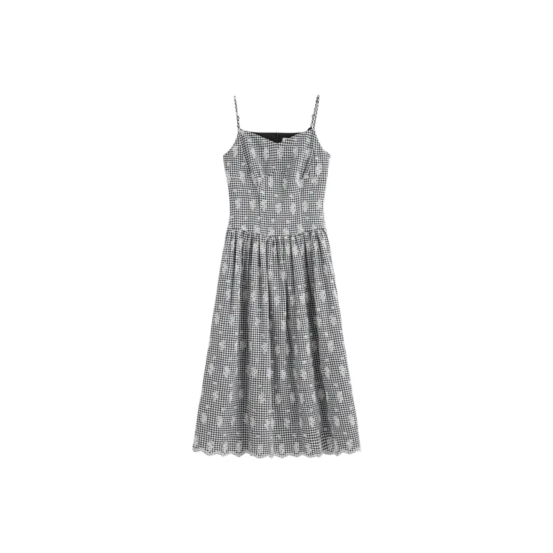 FANSILANEN Slip Dresses Women's Black White Plaid-0