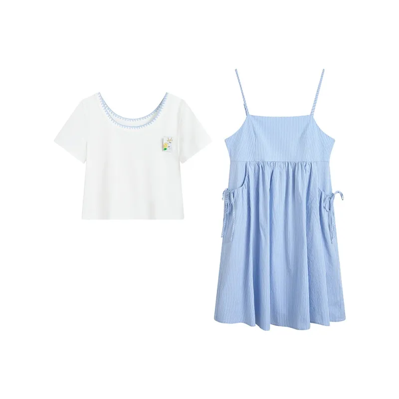 ZIHAN Skirt Set Women's Blue White Stripes-0