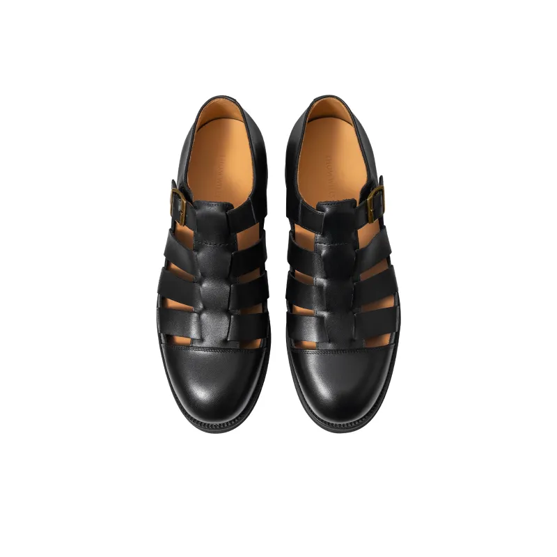 THOM WILLS Fashion Versatile Calfskin Cut Out Buckles Shoes Roman Sandals Men's Black-2