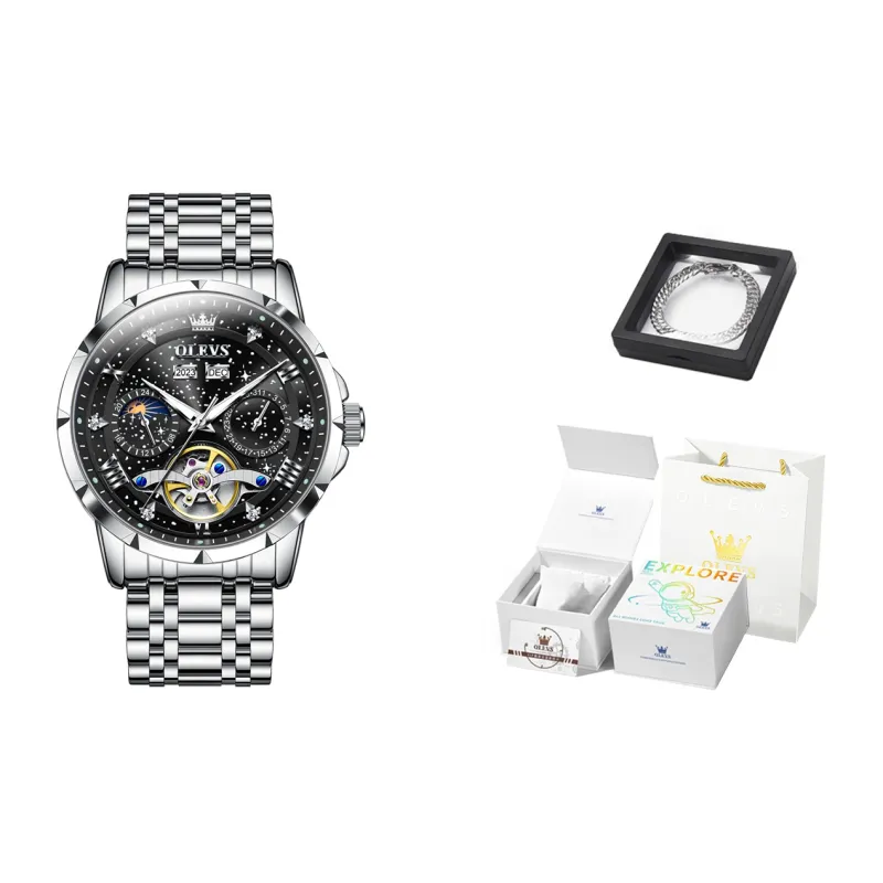 OLEVS Automatic Mechanical Movement Stainless Steel Watchband Watch Men's Watches Black Dial-1