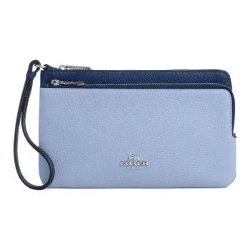 COACH Double Zip Wallet Leather Wallet Trumpets Women's Light Blue & Dark Blue