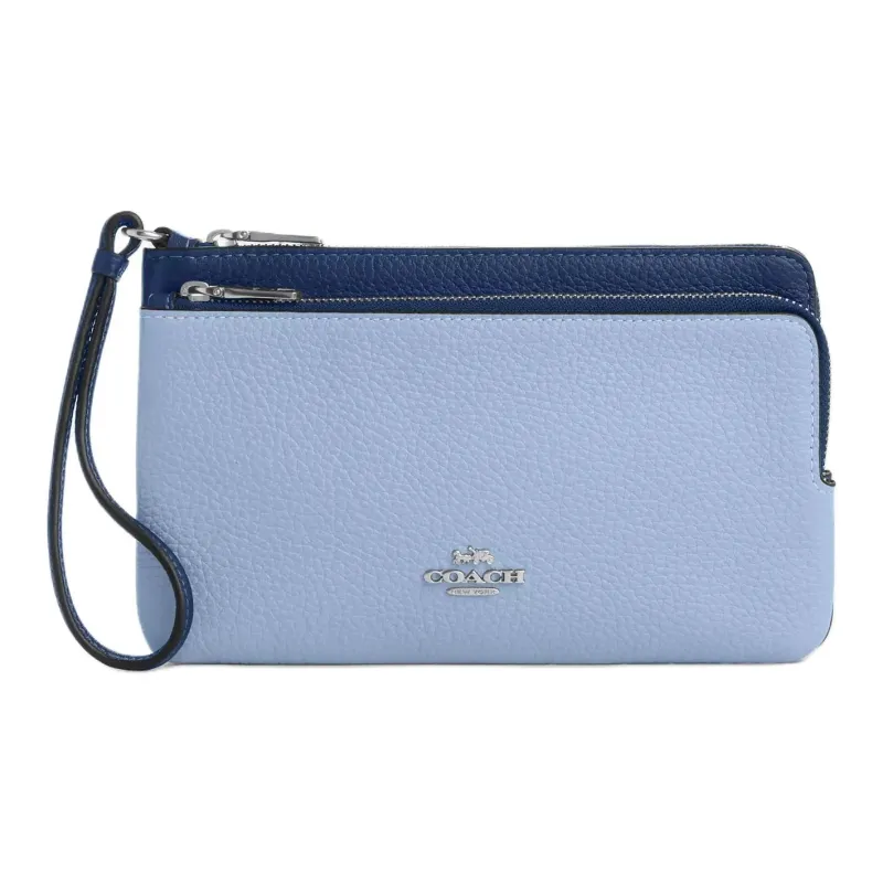 COACH Double Zip Wallet Leather Wallet Trumpets Women's Light Blue & Dark Blue-0