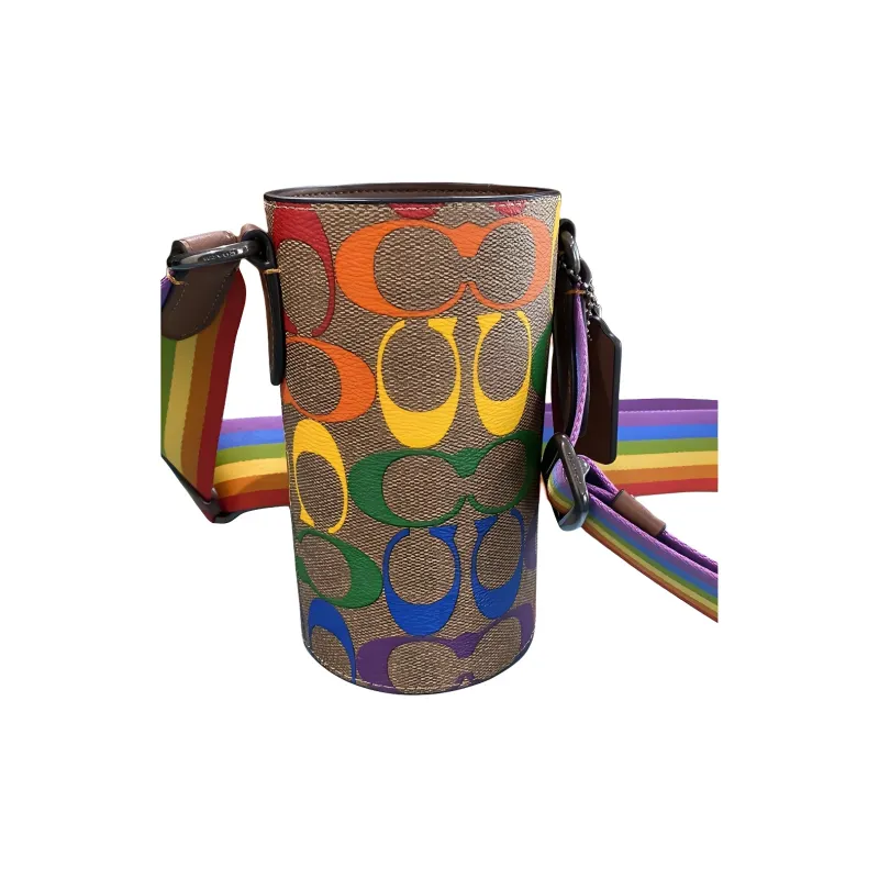 COACH Calfskin Water Bottle Shoulder Bag, Crossbody Bag Mini Women's Brown With Rainbow-1