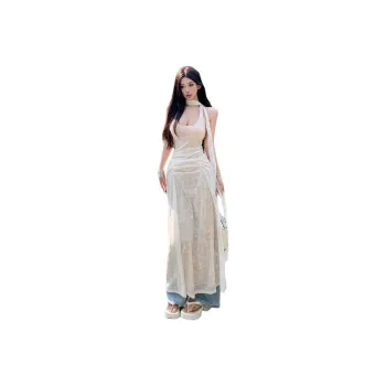 Flowers In Water Resort Style Halter Floral Layered Long Skirt Women's Image Color