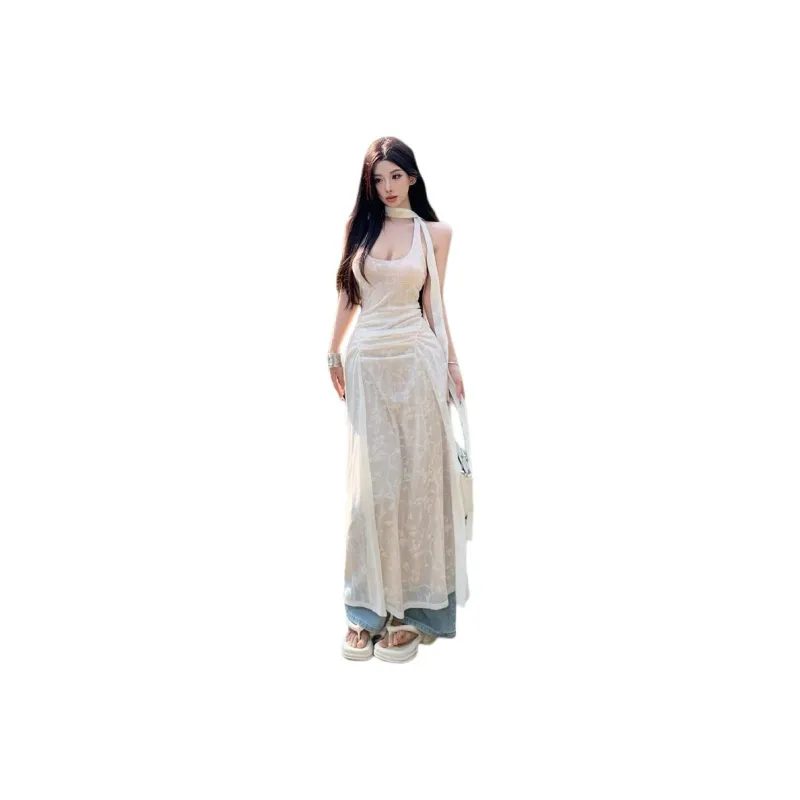 Flowers In Water Resort Style Halter Floral Layered Long Skirt Women's Image Color-0