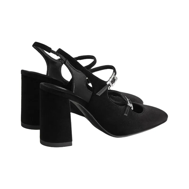 HERMES Jackie Chunky Heel High Heels 9cm Women's Black-3