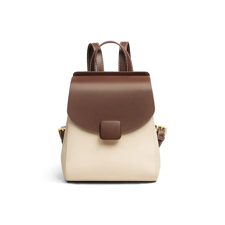 VINEY Cow Leather Backpack Regular Women's White & Coffee-5