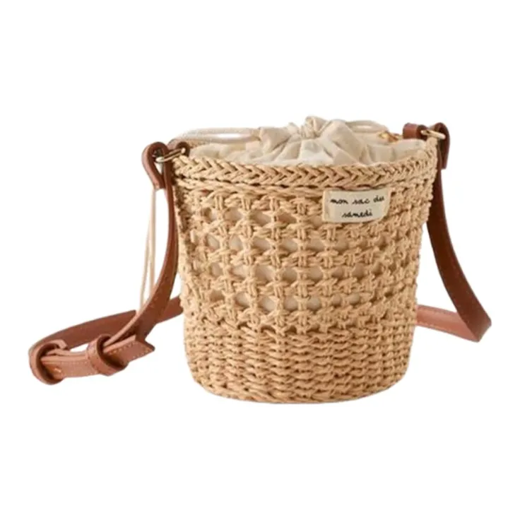 Bywhich PU+Straw Woven Beach Bag Shoulder Bag, Crossbody Bag Women's Brown-2