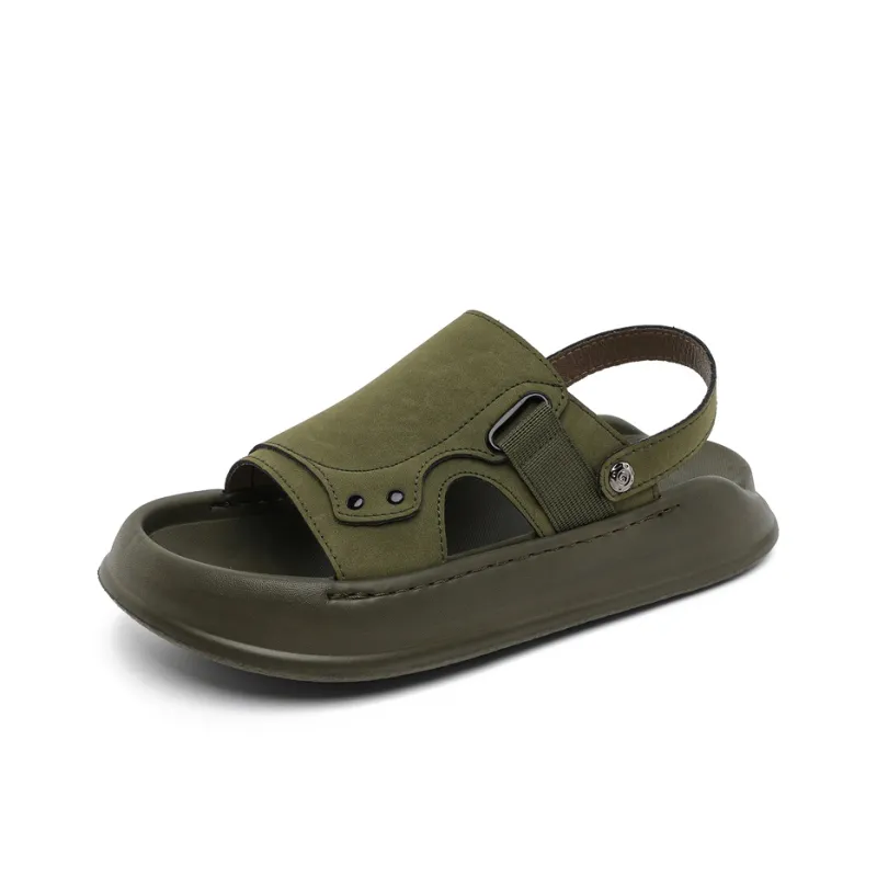 SOBB Beach Sandals Men Litchi Grain Black/Olive Green-6