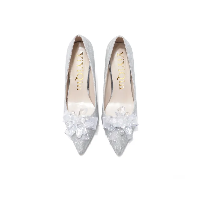 Take The Qin Slim Heel High Heels Women's Silver-3