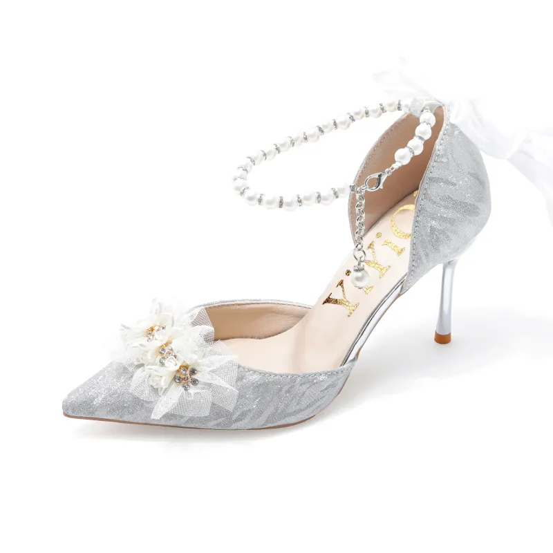 Take The Qin Slim Heel High Heels Women's Silver-1