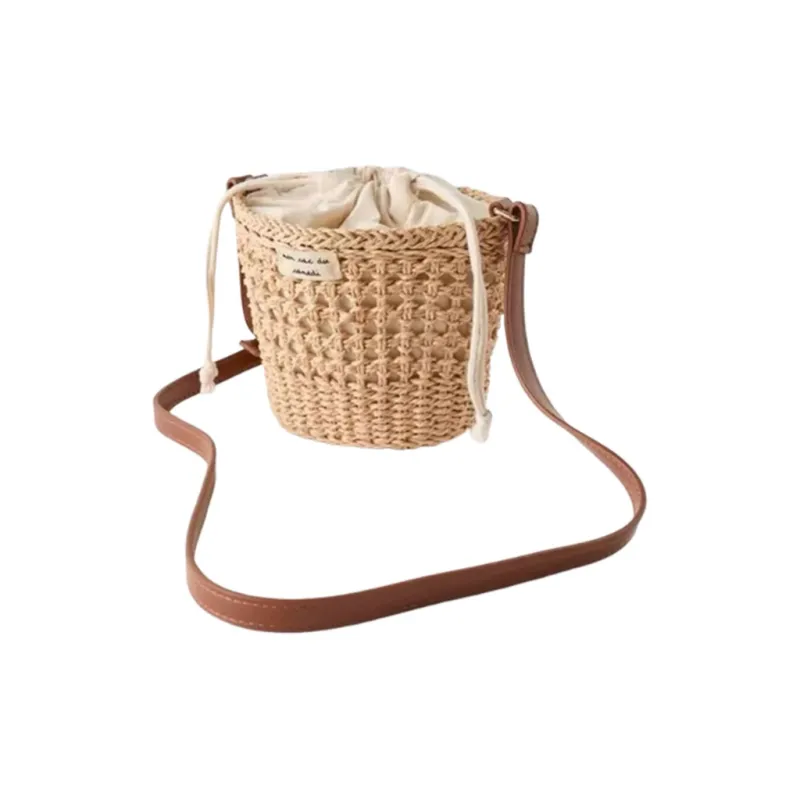 Bywhich PU+Straw Woven Beach Bag Shoulder Bag, Crossbody Bag Women's Brown-4