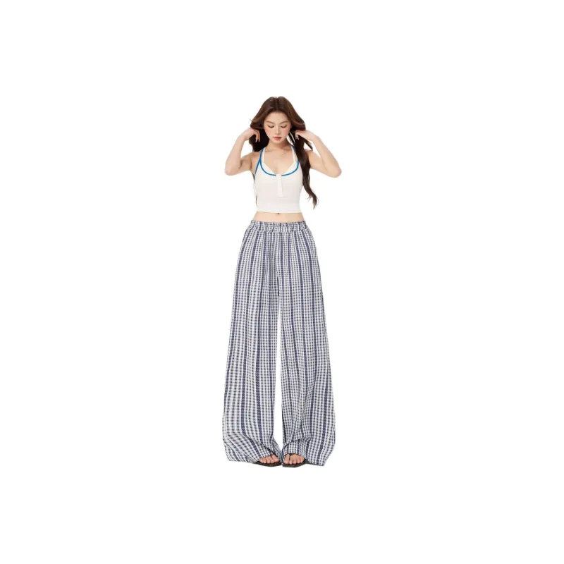 ZAZN Casual Pants Women's Blue Plaid-5