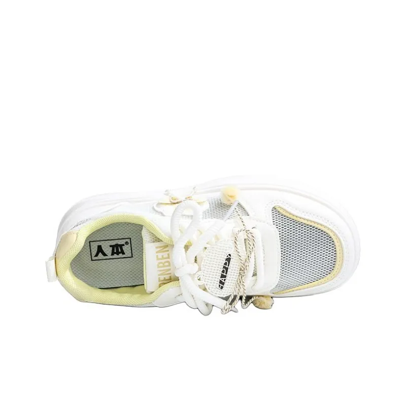RENBEN Breathable Height Increase Low Top Skateboard Shoes Women's White Yellow-3
