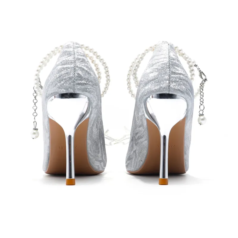 Take The Qin Slim Heel High Heels Women's Silver-3